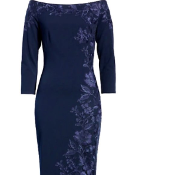 TADASHI SHOJI EMBROIDERED OFF THE SHOULDER 3/4 SLEEVE ROYAL NAVY SHEATH DRESS M - Picture 5 of 7